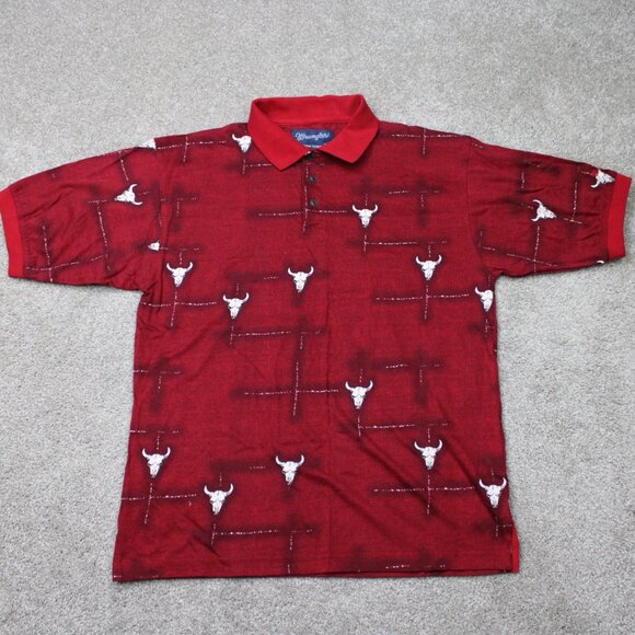 Wrangler AOP Polo Shirt Mens 2XL XXL (18-20) Red Horns All Over Print Cotton S/S - Picture 2 of 10